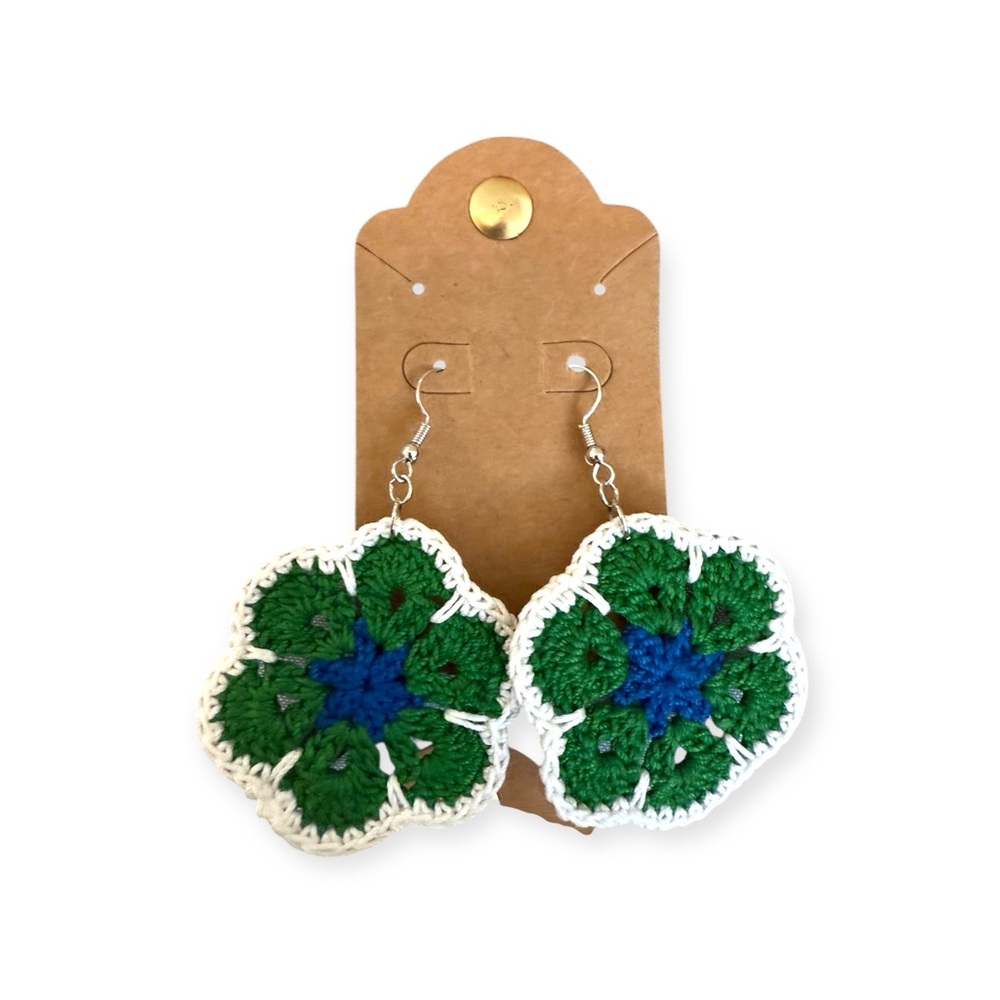 Hand Crafted Green and Blue Crochet Earrings
